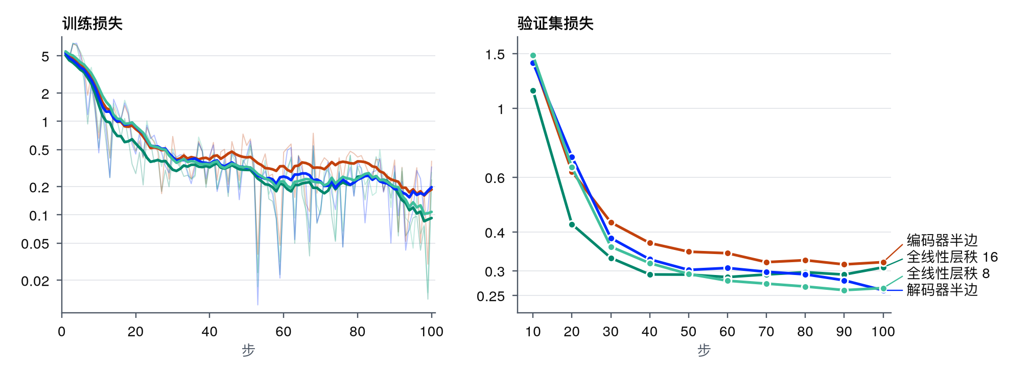 图 3. 挂 ViT 适配器时四种配置的训练损失(左;细线为每步,粗线为 10 步平均)和验证集损失(右),种子 0。
