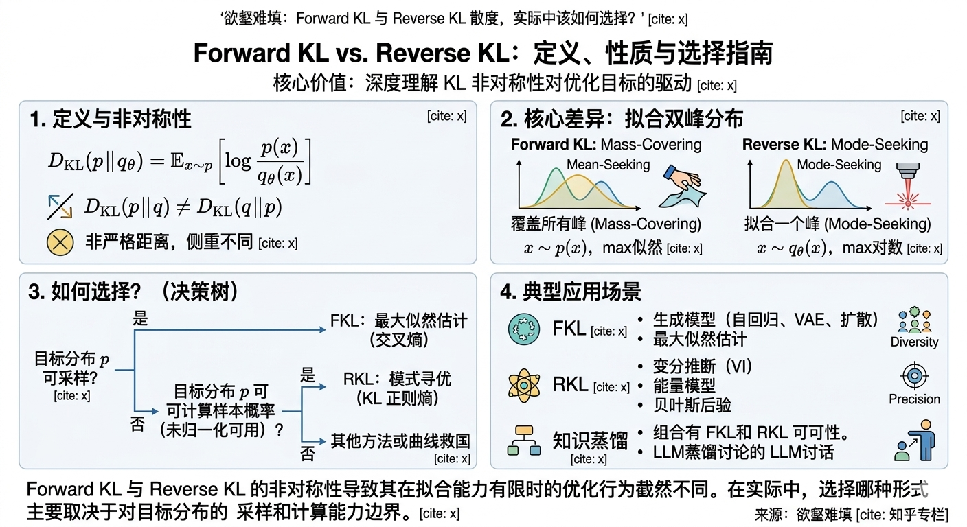 深度讲解两种 KL 散度：Forward 与 Reverse，以及在实际应用中如何选择？