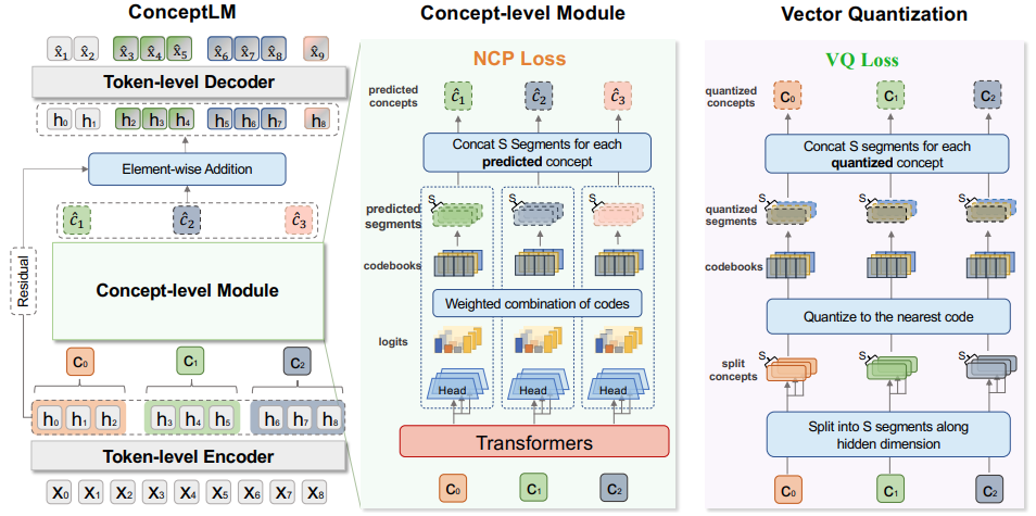 图3：ConceptLM 架构与双轨训练目标——Token 级 Encoder/Decoder 之间插入概念模块，潜状态沿隐藏维度切分为 S 段做乘积量化（codebook 最近邻 + 加权组合重建），同时计算 NCP Loss 与 VQ Loss。